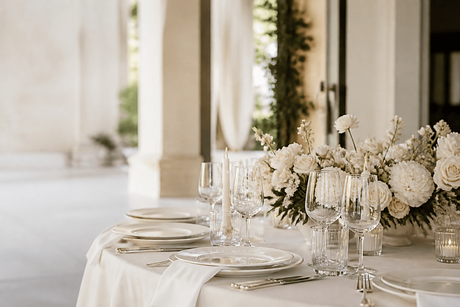 Elegant ivory wedding table set with JOY tableware